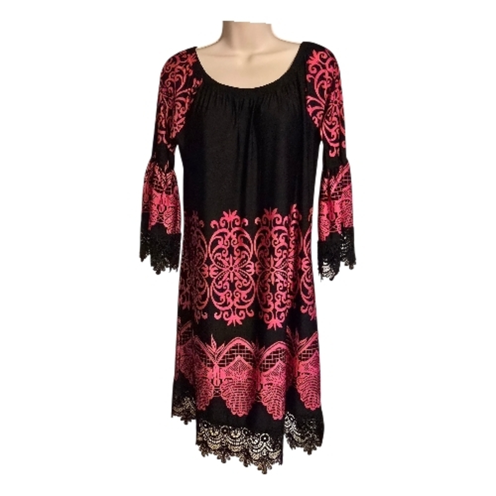 ✨ White Mark Boho Lace Trim Dress XL Black Pink Damask Peasant Tunic Bell Sleeve